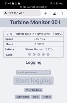 An image showing the display from the logging app for the model turbine.